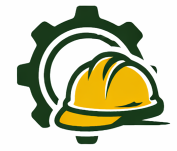 A yellow hard hat in front of a dark green gear icon.