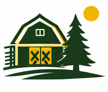 A dark green barn and a coniferous tree stand on a grassy hill under a bright yellow sun.