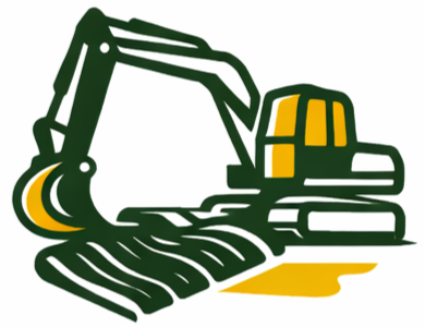 A stylized green and yellow excavator icon positioned over dark, wavy lines representing soil with a yellow ground patch.
