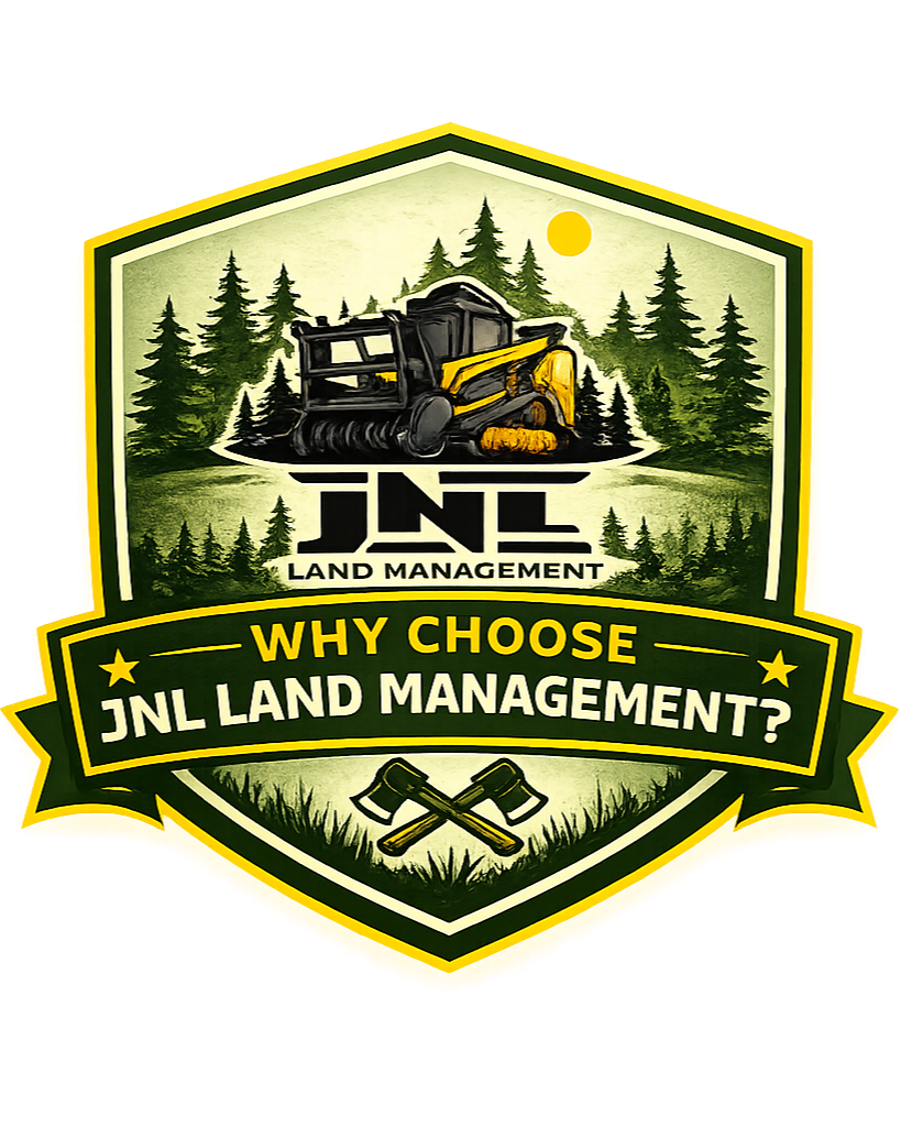 A green and yellow emblem featuring a construction vehicle in a forest setting with crossed axes and the JNL company name.