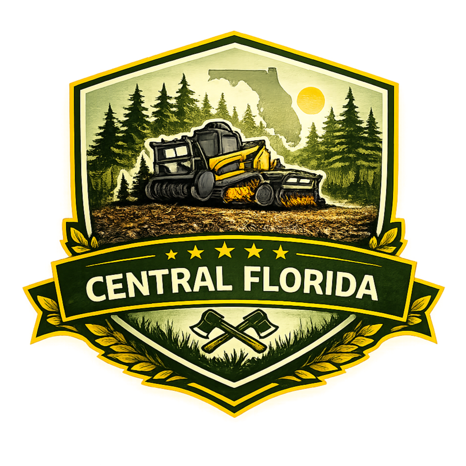 Logo for Central Florida land clearing, featuring a bulldozer, pine trees, and crossed axes on a green and yellow shield.