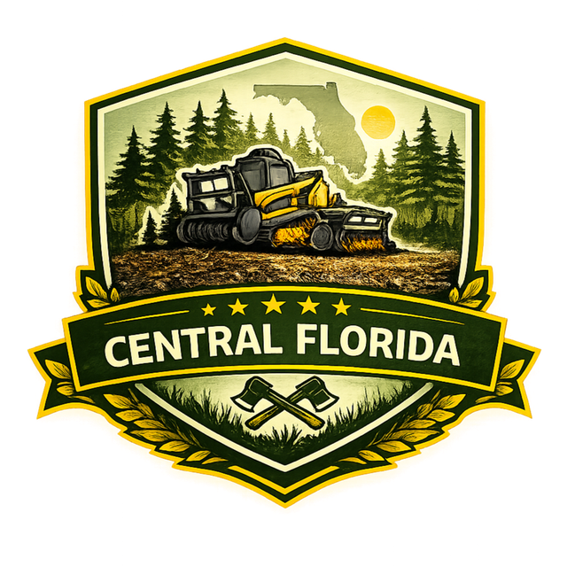 Logo for Central Florida land clearing with a yellow bulldozer in a forest, featuring a Florida map outline and crossed axes.