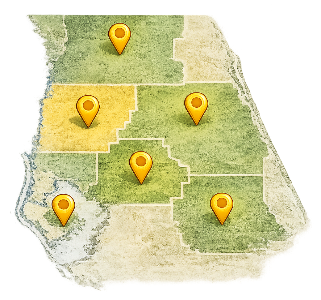 A stylized map of a region divided into shaded districts, each marked with a yellow location pin icon.