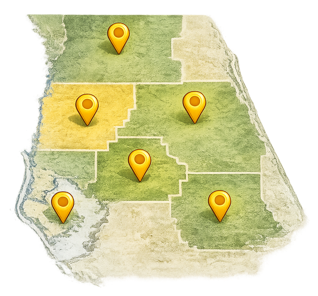 A map showing green and yellow regions of Florida, marked with six yellow location pins.