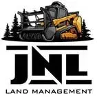 Logo for JNL Land Management with a yellow tracked skid steer silhouette against black pine trees above bold text.