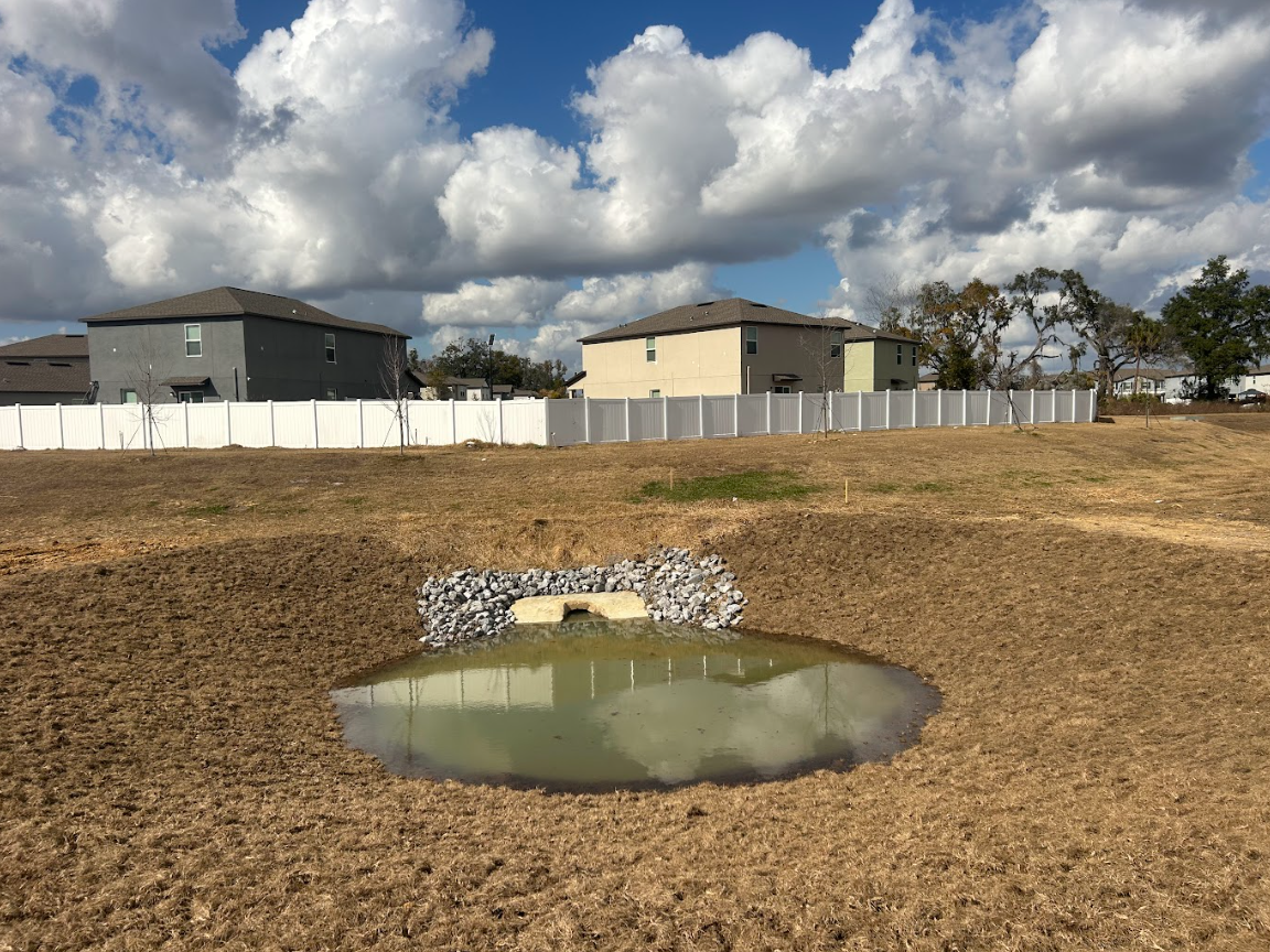 A small, muddy retention pond with a stone-lined concrete drainage pipe in an empty field near suburban houses.