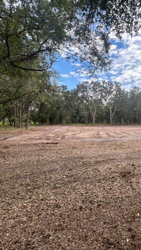 An open, cleared dirt lot sits beneath a partially cloudy blue sky, bordered by a dense line of tall green trees.