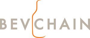 A logo for bevchain with a bottle of wine in the middle.