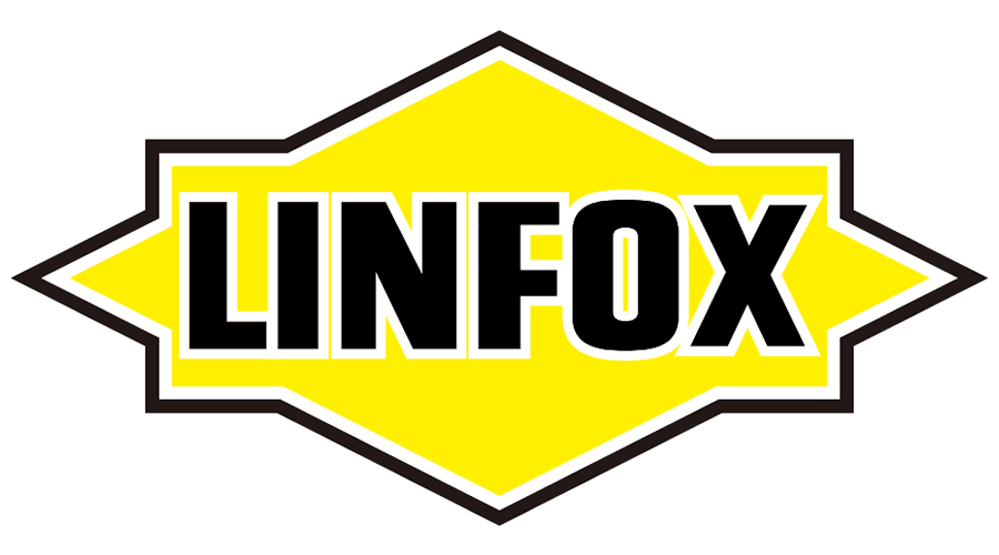 A yellow and black logo for linfox on a white background.
