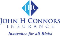 The john h connors insurance logo is blue and white and says insurance for all risks.