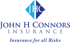 The john h connors insurance logo is blue and white and says insurance for all risks.