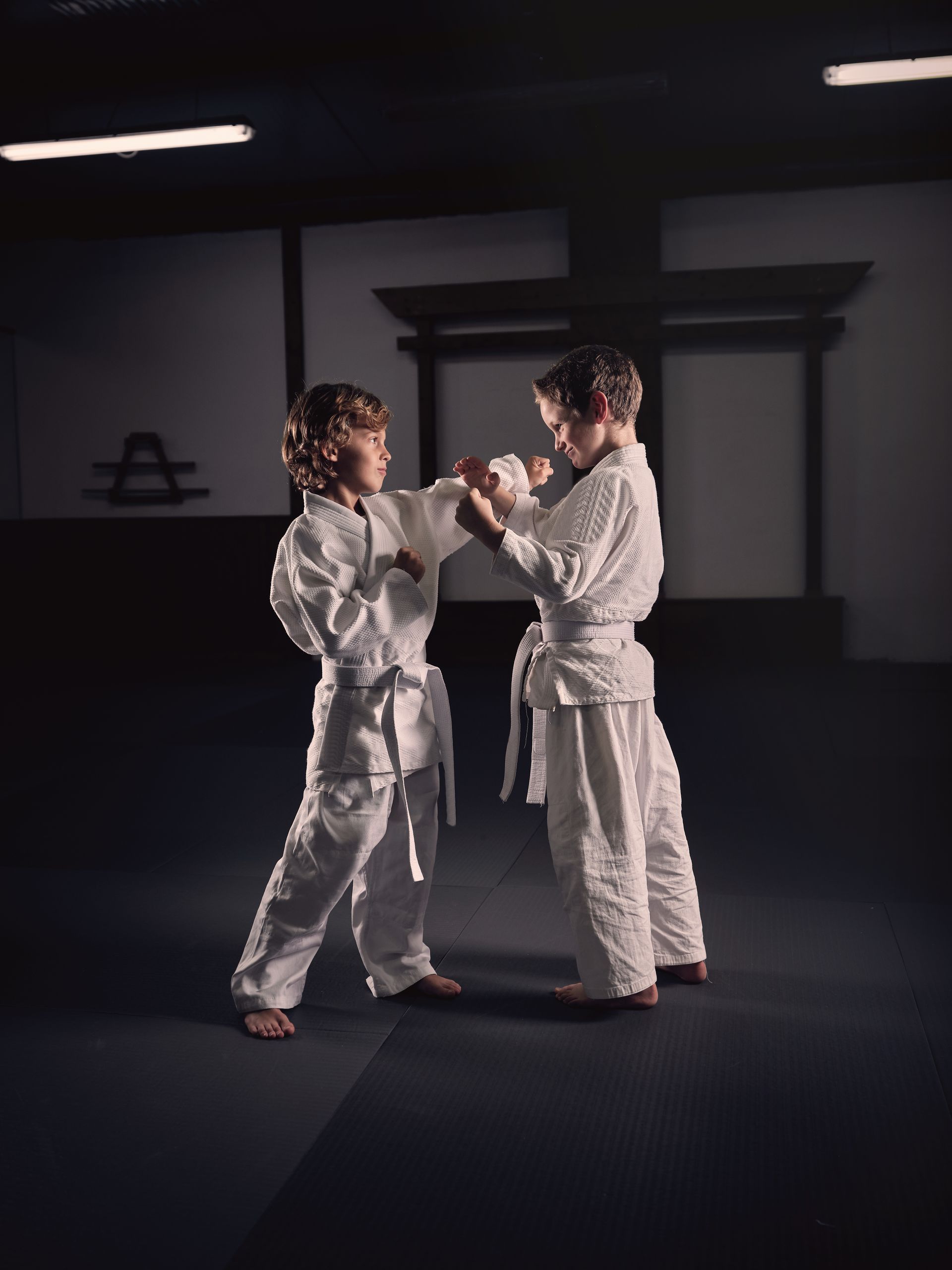 An aerial view of a city skyline at sunset.