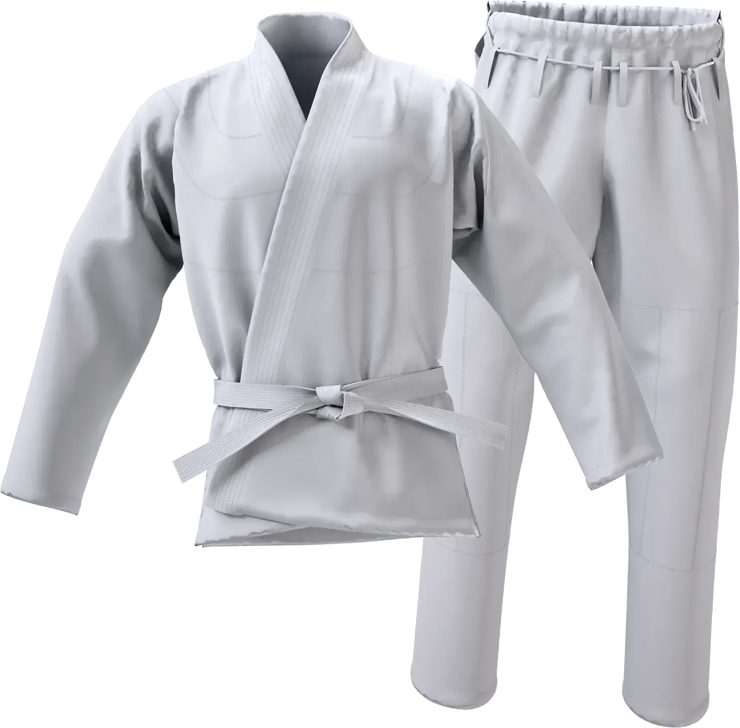 A white karate uniform with a belt on it