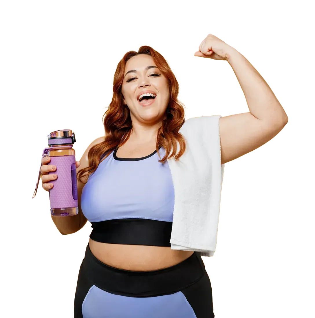 A woman is holding a bottle of water and flexing her muscles