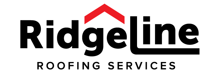 The logo for ridgeline roofing services is black and red.