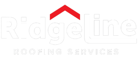 The logo for ridgeline roofing services is white with a red roof.
