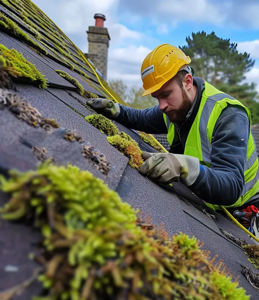 A man wearing a hard hat and safety vest is cleaning moss from a roof.
