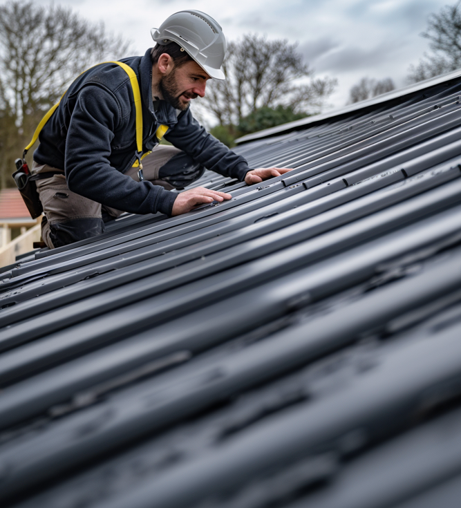 A man wearing a hard hat is working on a roof.