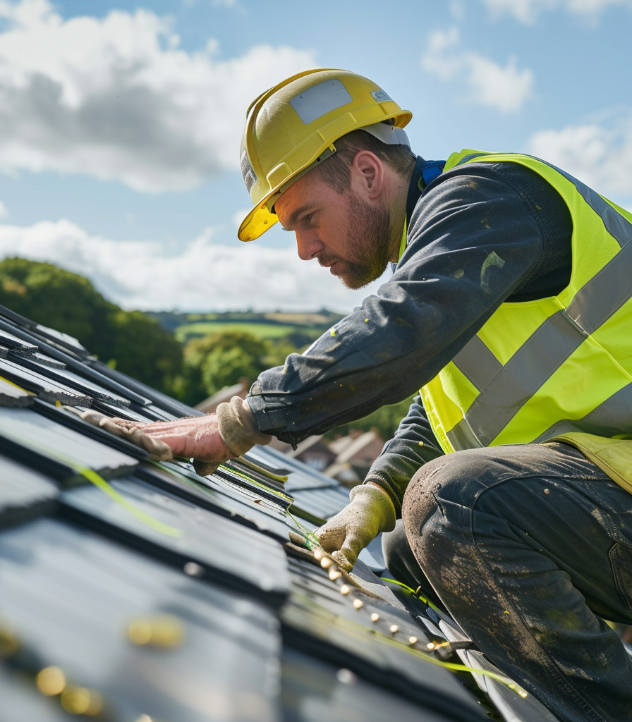 A man wearing a hard hat and safety vest is working on a roof.