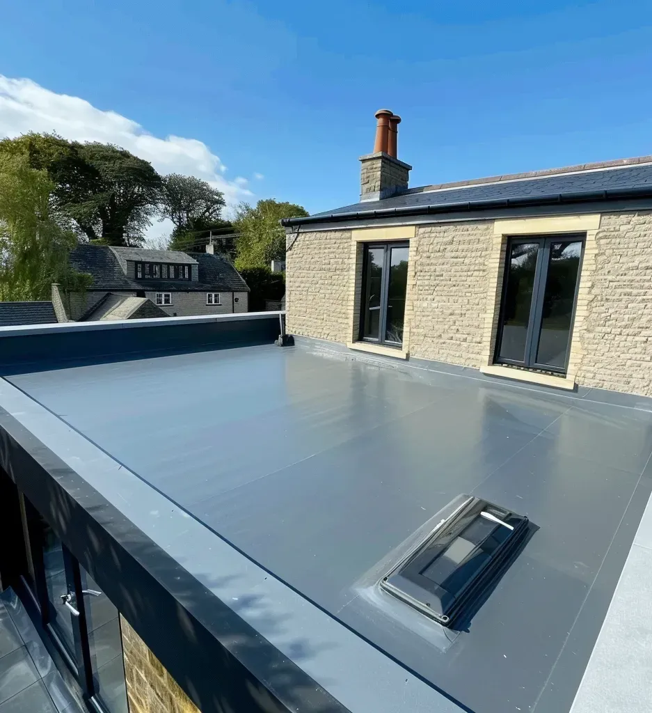 The flat roof of a house with a skylight on it.