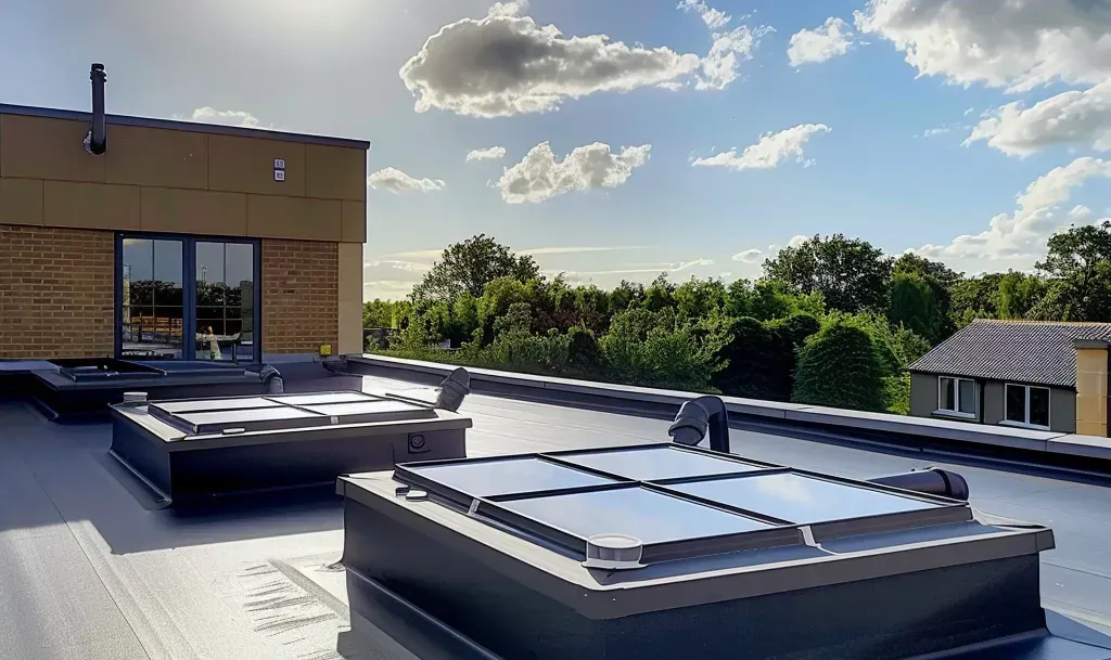 A flat roof with roof lights fitted