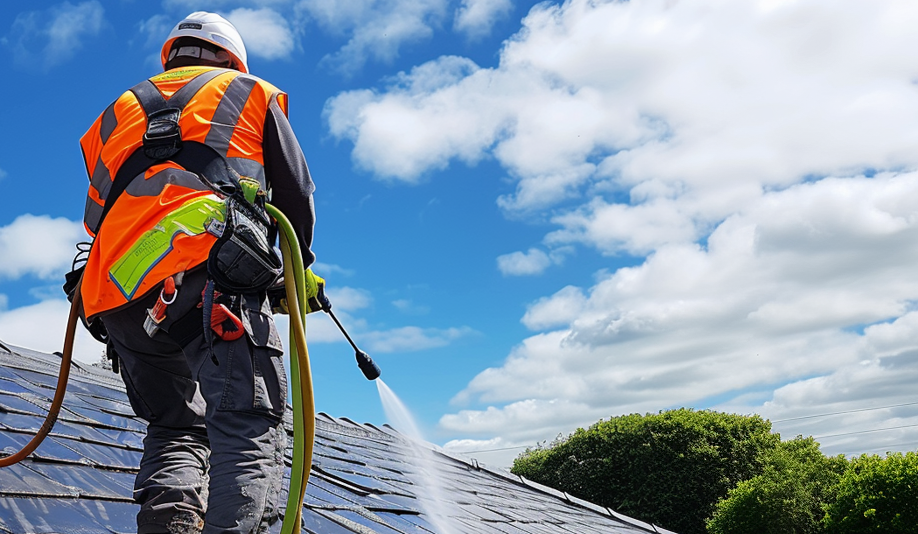 A man is cleaning a roof with a water jet on a roof with a hose.