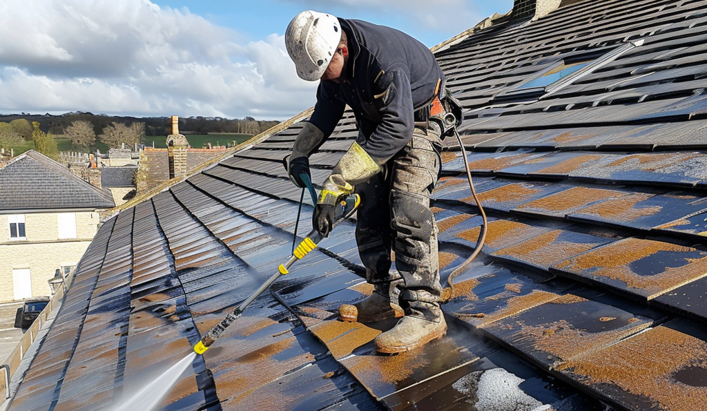 A man is cleaning a roof with a high pressure washer.