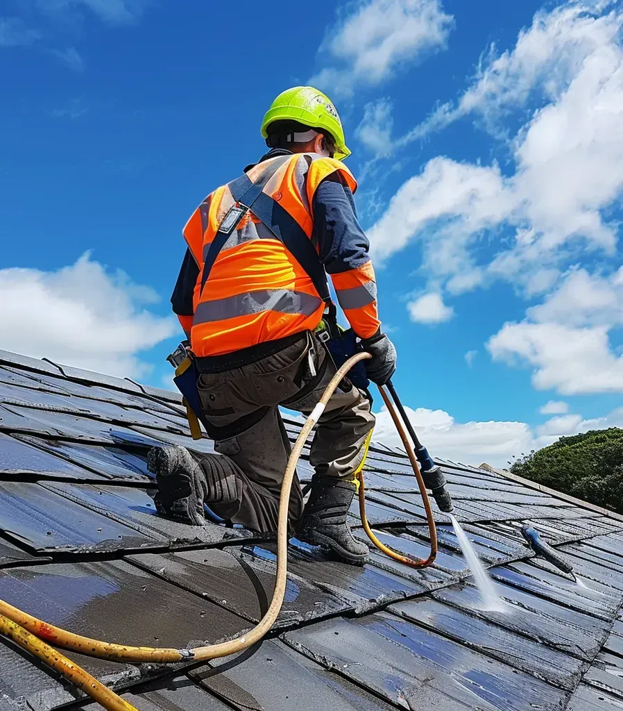 A man is spraying water on a roof with a hose to clean it