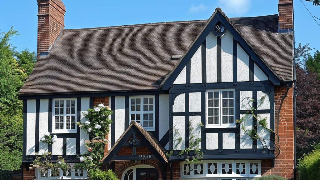 A large house with a brown roof and white trim