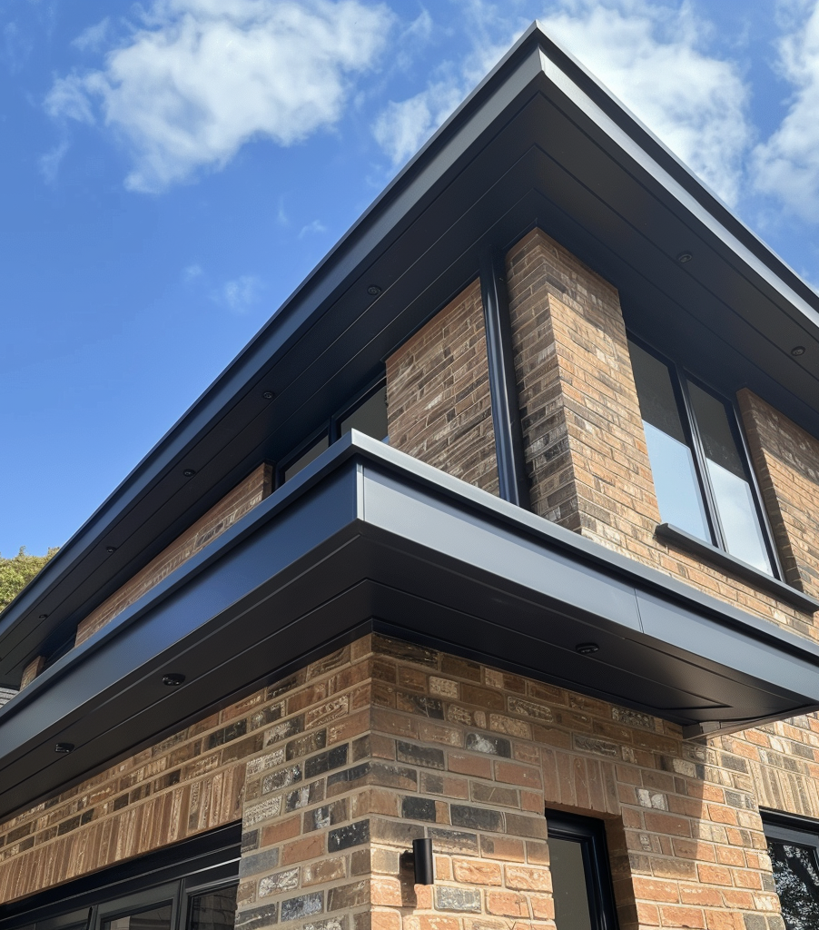 A brick house with black gutter edges and a blue sky in the background