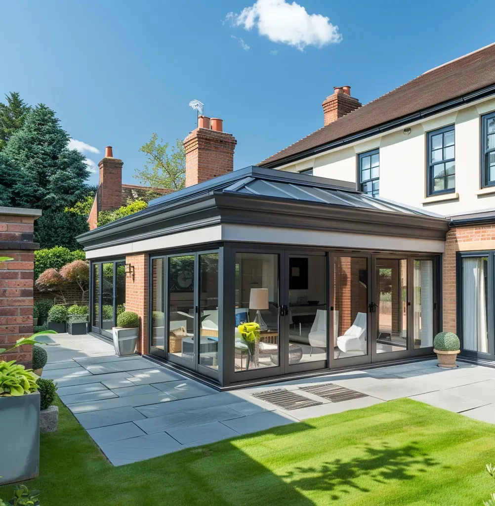 A house with a large rear extension and a lawn in front of it