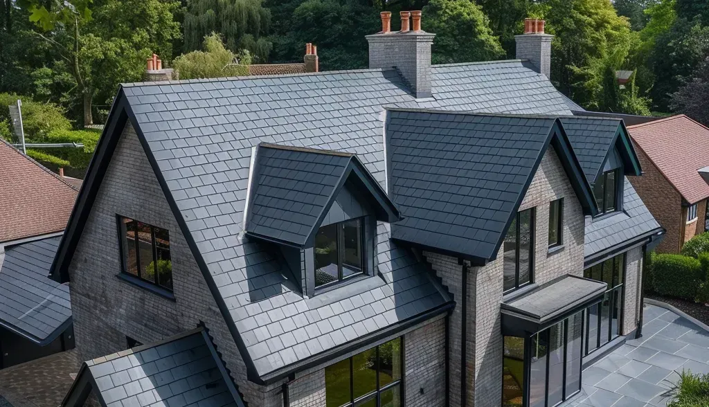 An aerial view of a large brick house with a slate roof.