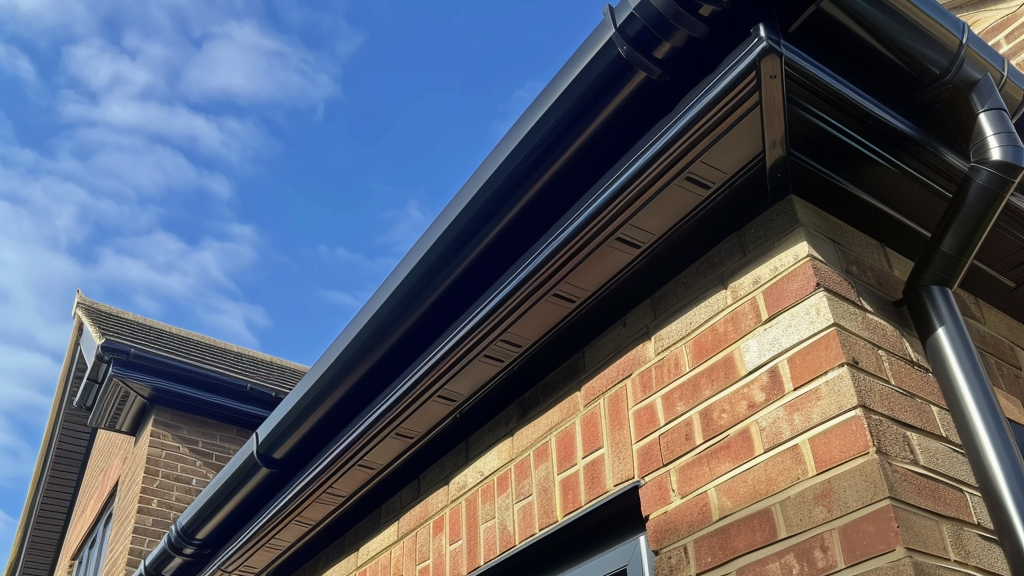 A brick building with a black gutter on the side of it.