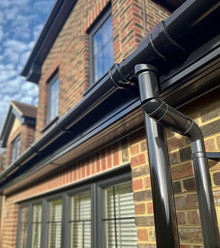 Black plastic guttering on the side of a brick house