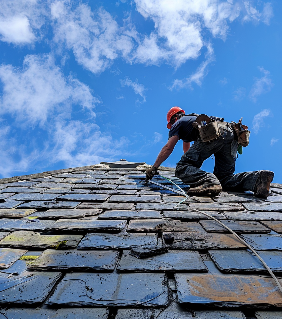 A man is working on a slate roof with a blue sky in the background