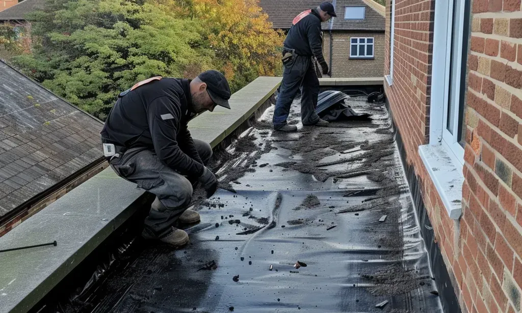 Two contractors working on a flat roof repair.