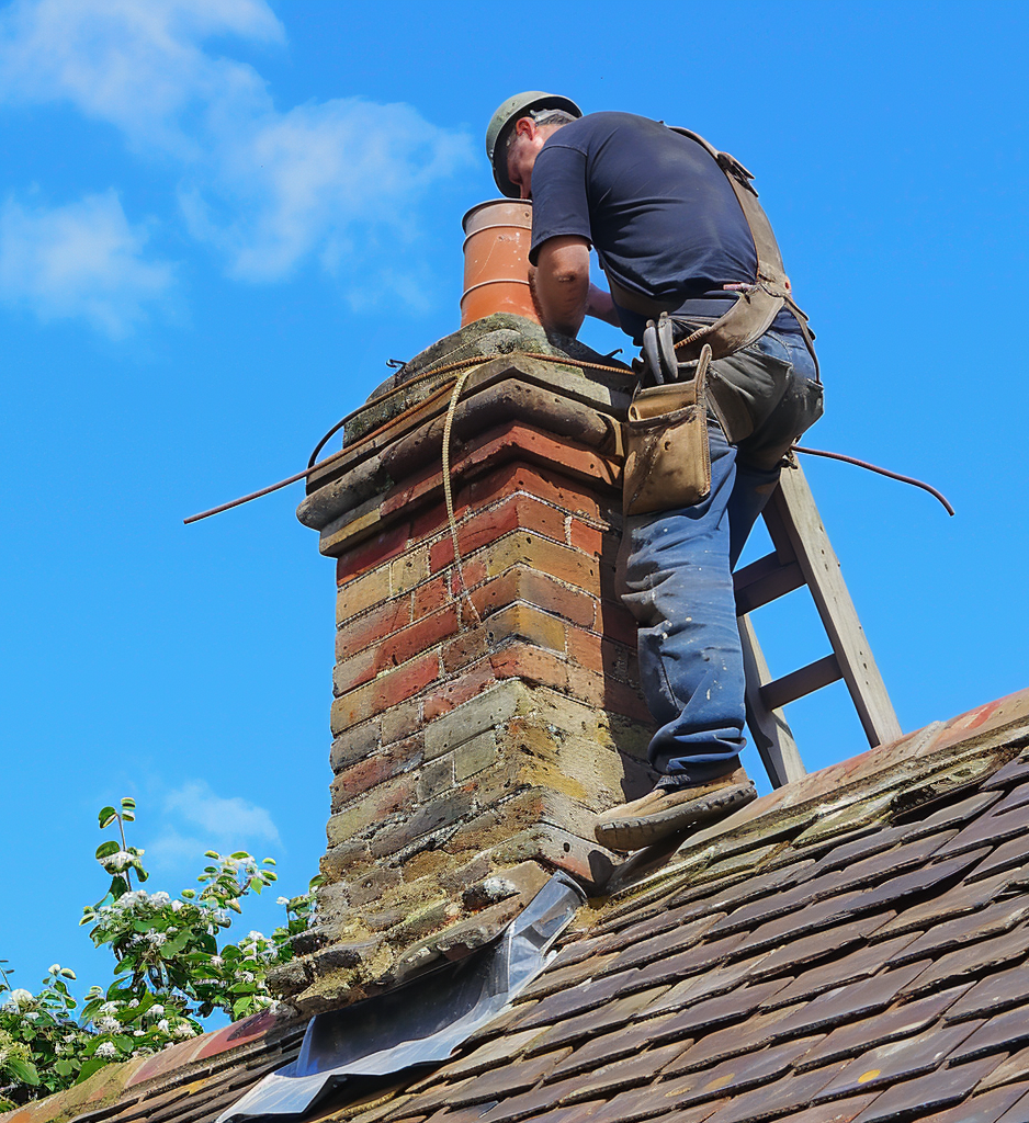 A man is working on an old brick chimney on top of a roof.