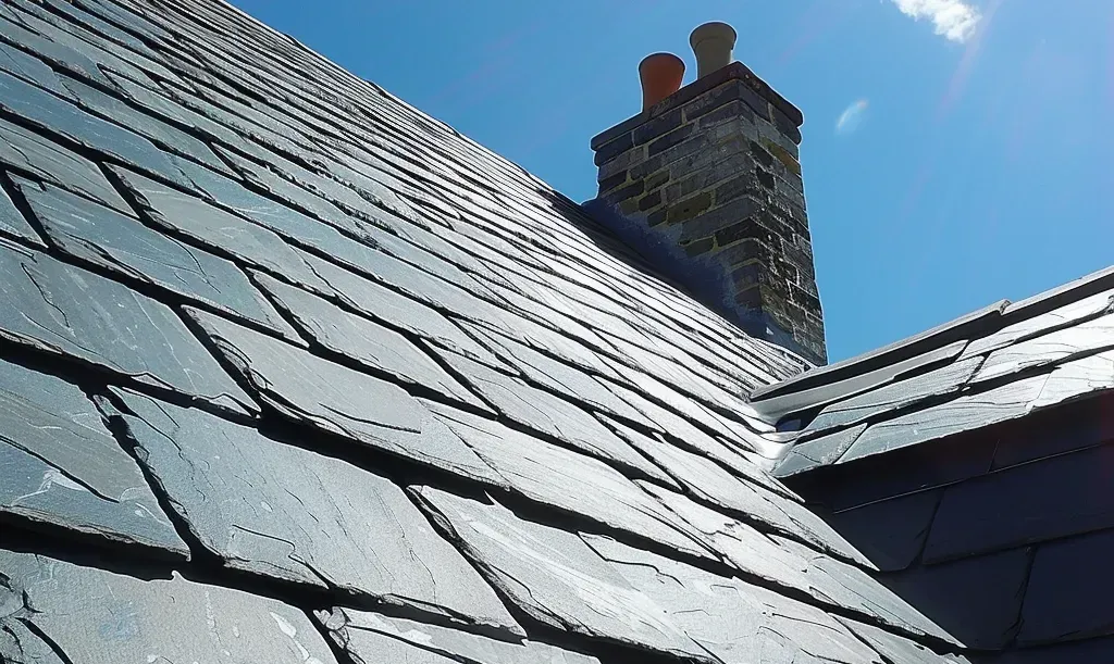 A slate roof with a chimney on top of it and a blue sky in the background.