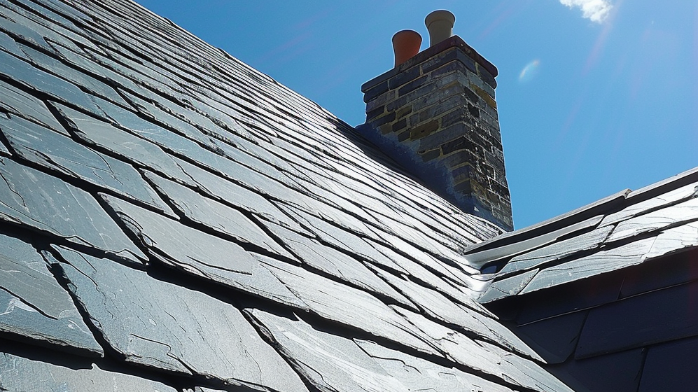 A roof with a chimney on top of it and a blue sky in the background.
