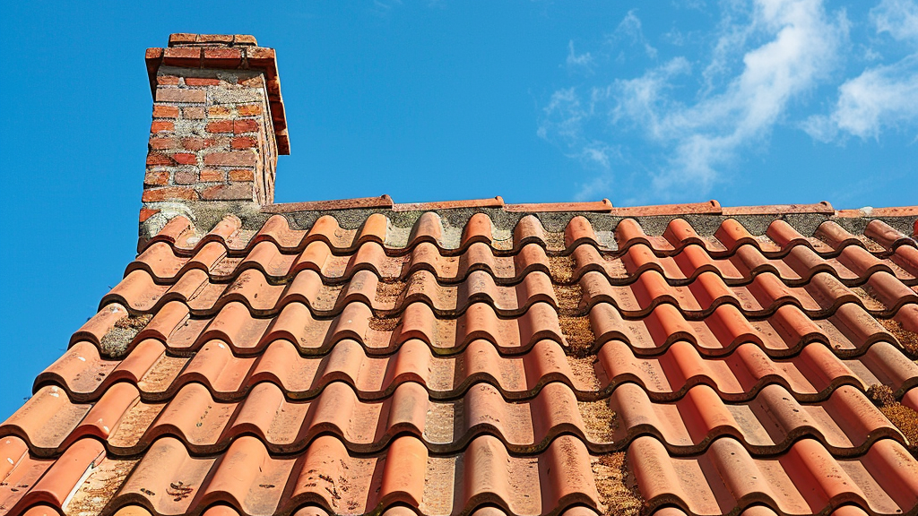 A slate roof with a chimney on it and a blue sky in the background.