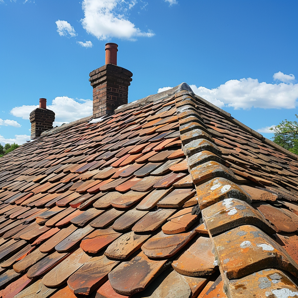 There are two chimneys on the slate roof of a house.