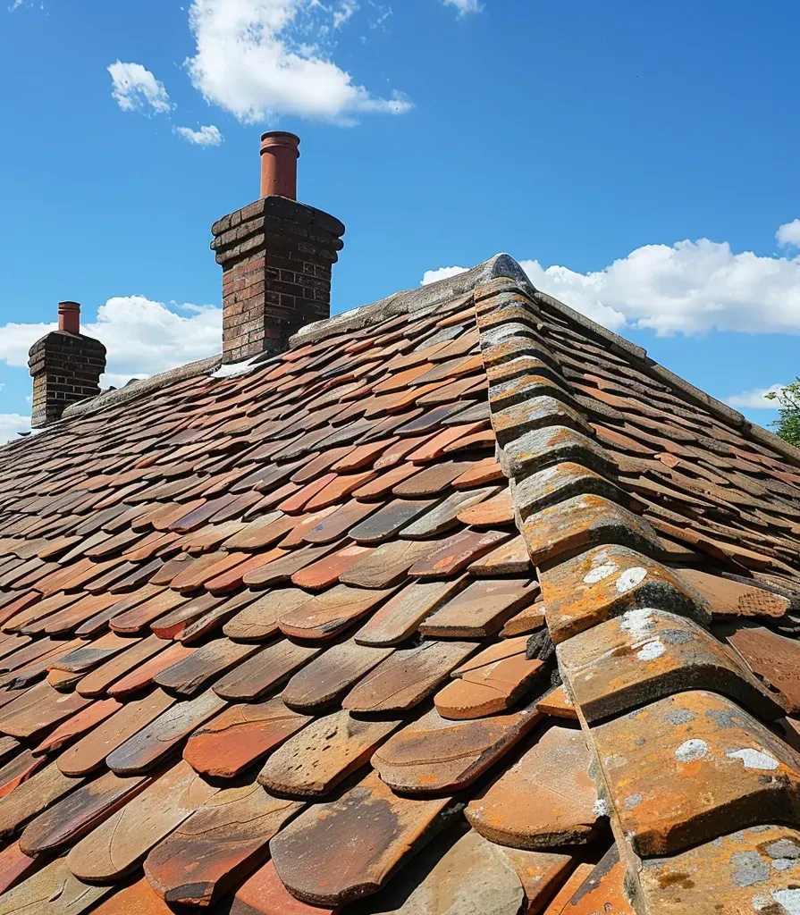A slate roof with a chimney on top of it and a blue sky in the background.