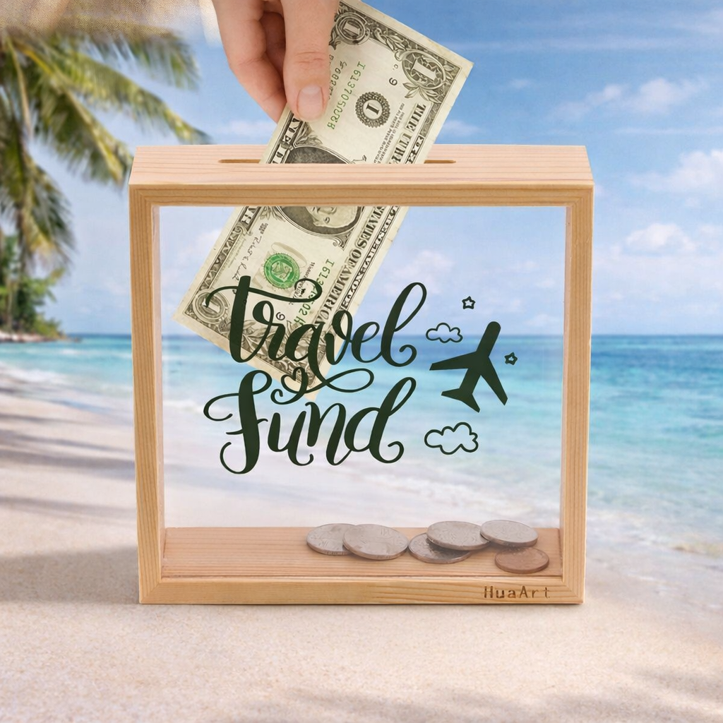 Natural wood money box with transparent front panel displayed on desk, customizable eco-friendly corporate gift.