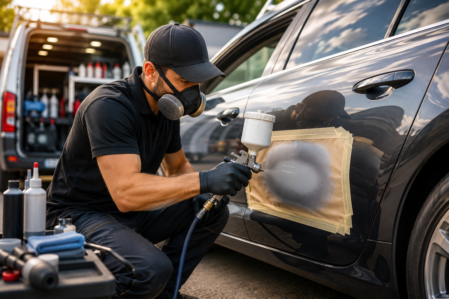 Technician polishing a black car door with a buffer beside a service van