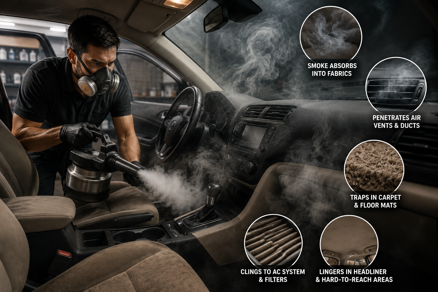 Man vacuuming a car interior, with close-up circles highlighting dirt on seats and floor mats