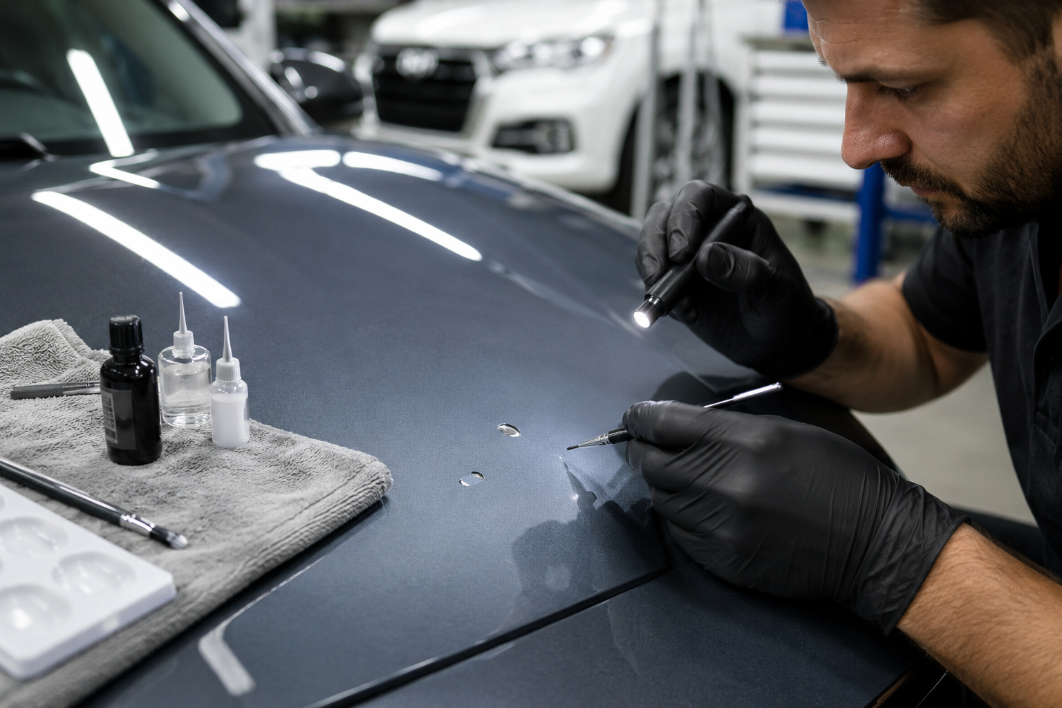 Detailing technician polishing a dark car hood with black gloves in a garage