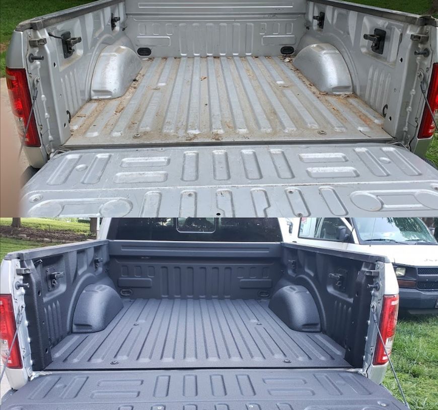 A pickup truck is shown before and after being cleaned