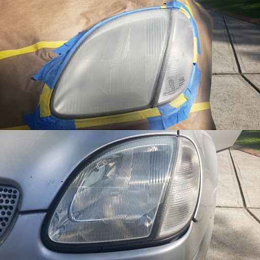 A before and after picture of a car headlight being restored