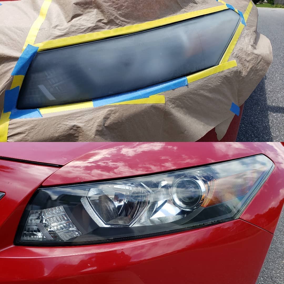 A before and after picture of a red car 's headlight