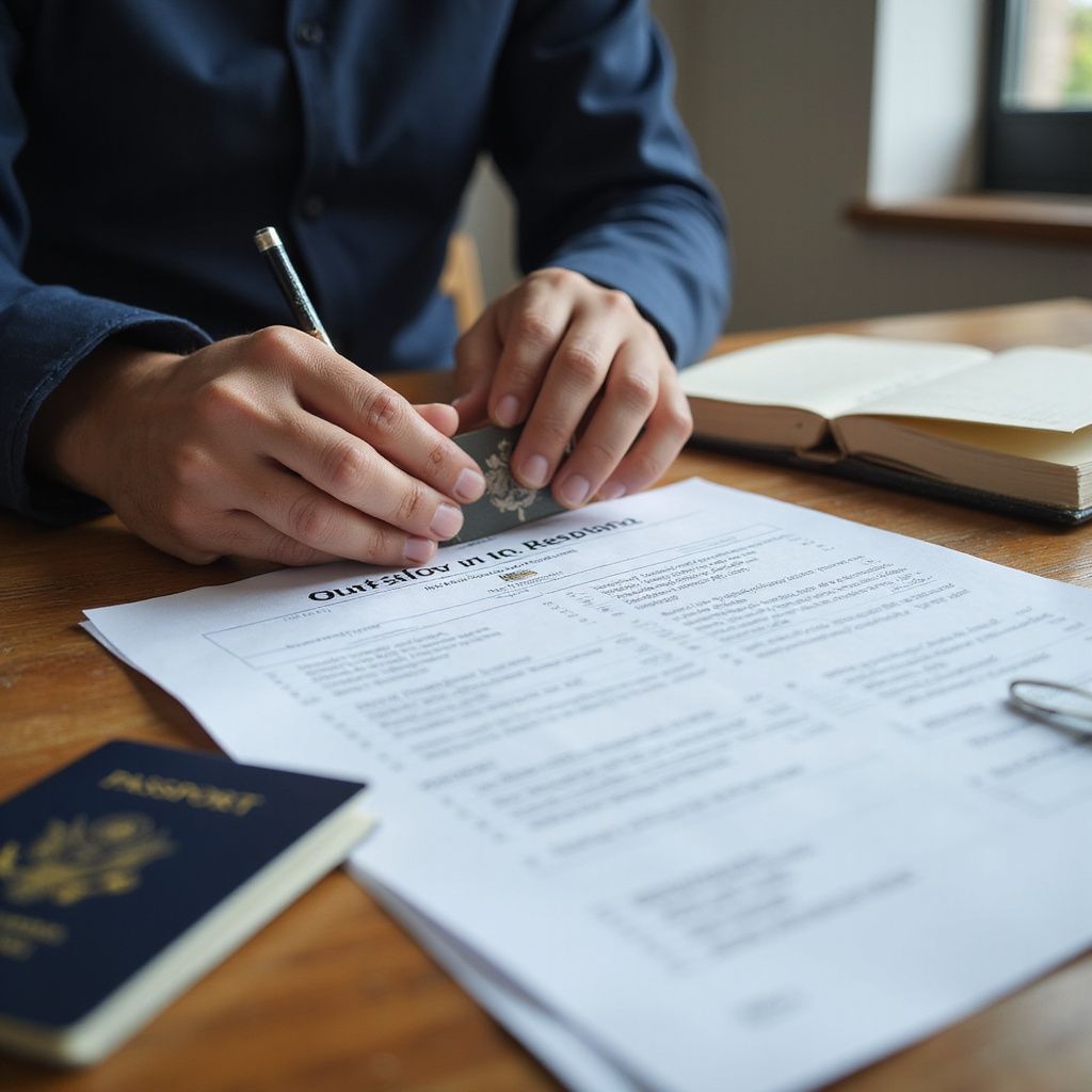 Person filling out paperwork with a pen, a passport, and an open book on a wooden table.